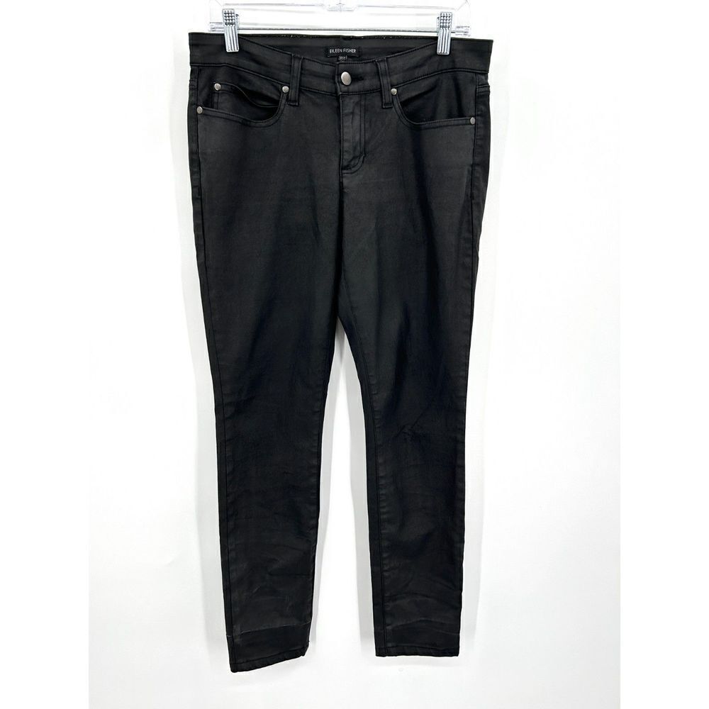 EILEEN FISHER Black Lightly Wax Coated Organic Cotton Skinny Slim Leg Jeans 8